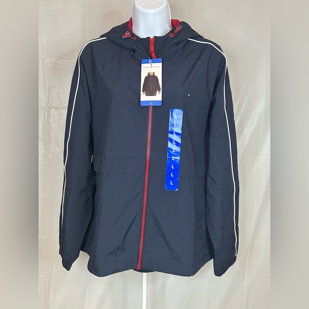 Tommy Hilfiger Hooded Windbreaker Jacket Navy Red Full Zip Large NWT